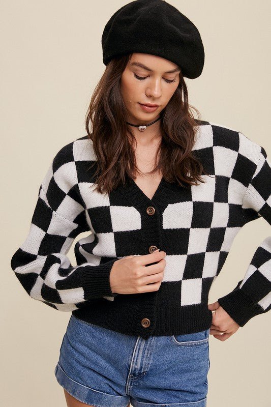 Bold Gingham Sweater Weaved Crop Cardigan - Happily Ever Atchison Shop Co.