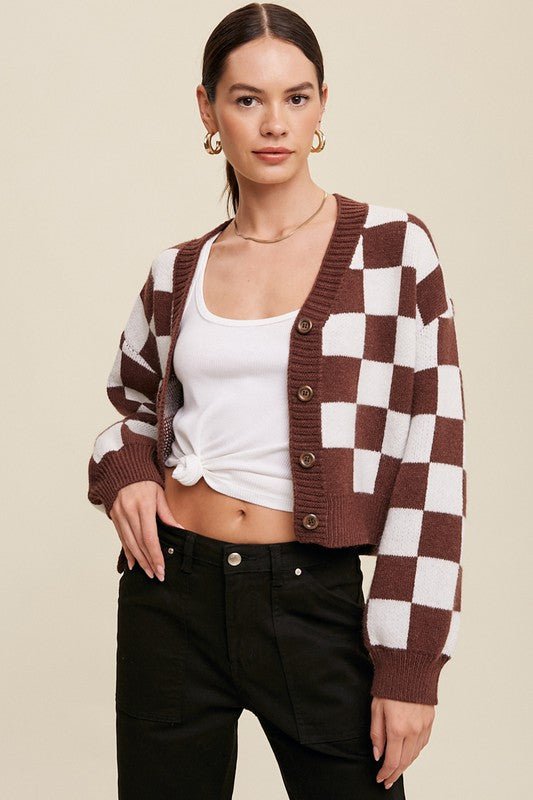 Bold Gingham Sweater Weaved Crop Cardigan - Happily Ever Atchison Shop Co.