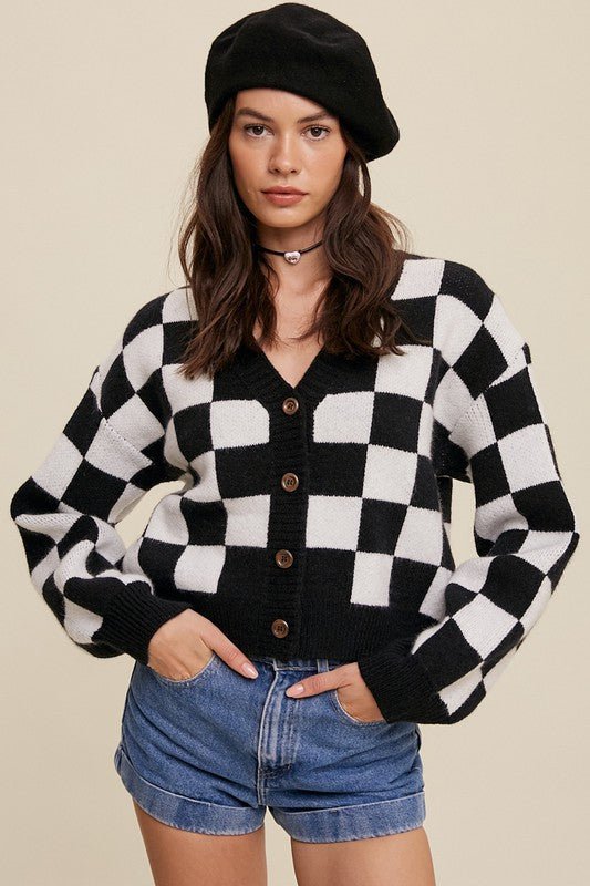 Bold Gingham Sweater Weaved Crop Cardigan - Happily Ever Atchison Shop Co.