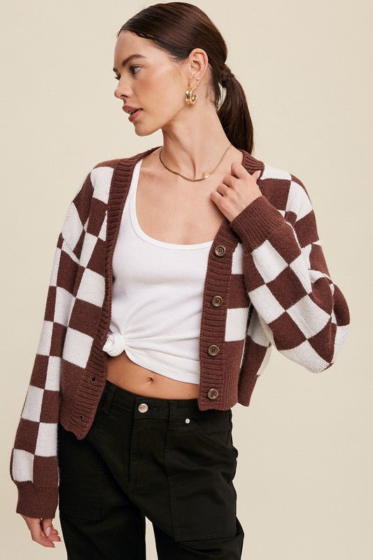 Bold Gingham Sweater Weaved Crop Cardigan - Happily Ever Atchison Shop Co.