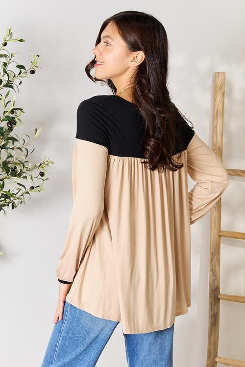 BOMBOM Contrast Long Sleeve Ruched Blouse - Happily Ever Atchison Shop Co.