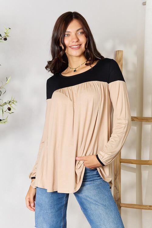 BOMBOM Contrast Long Sleeve Ruched Blouse - Happily Ever Atchison Shop Co.