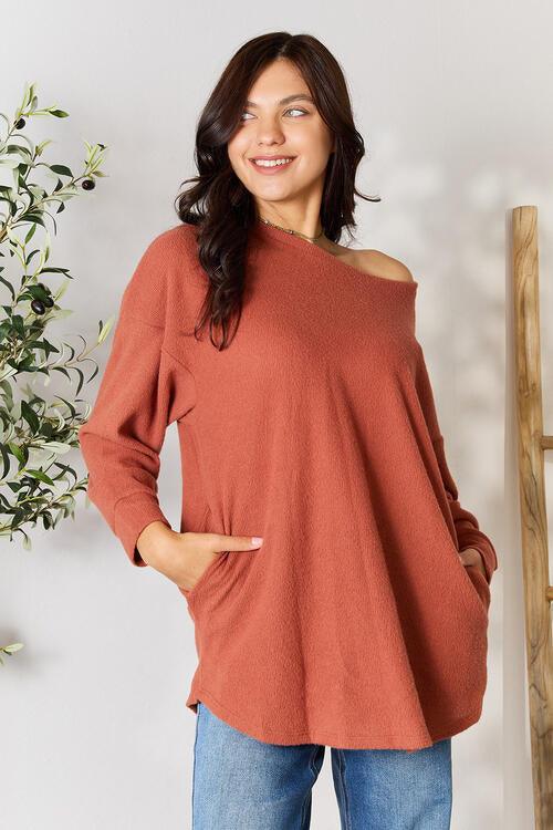 BOMBOM Drop Shoulder Long Sleeve Blouse with Pockets - Happily Ever Atchison Shop Co.