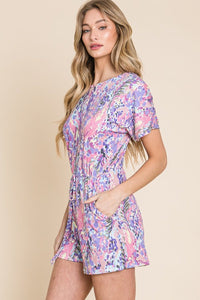 BOMBOM Print Short Sleeve Romper with Pockets - Happily Ever Atchison Shop Co.