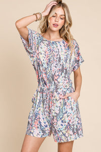 BOMBOM Printed Short Sleeve Drawstring Romper - Happily Ever Atchison Shop Co.