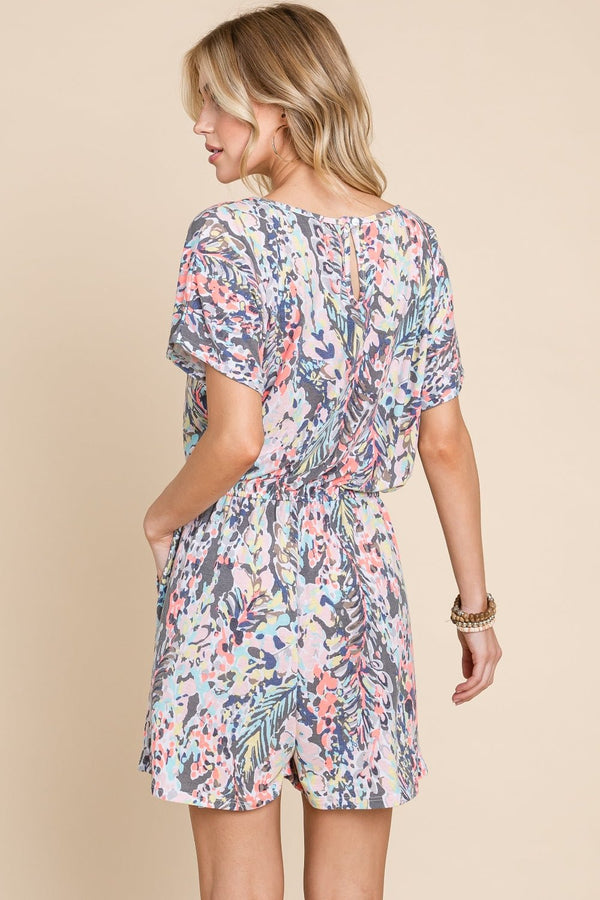 BOMBOM Printed Short Sleeve Drawstring Romper - Happily Ever Atchison Shop Co.