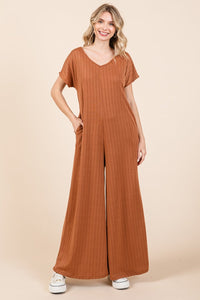 BOMBOM Ribbed Short Sleeve Wide Leg Jumpsuit - Happily Ever Atchison Shop Co.