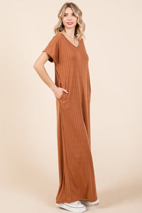 BOMBOM Ribbed Short Sleeve Wide Leg Jumpsuit - Happily Ever Atchison Shop Co.