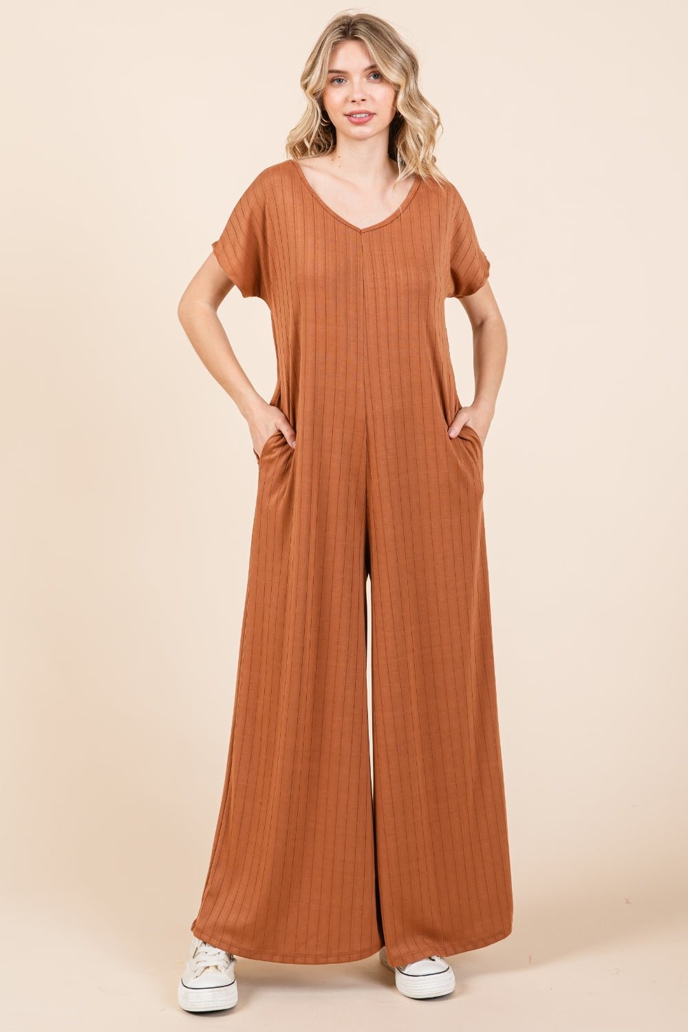 BOMBOM Ribbed Short Sleeve Wide Leg Jumpsuit - Happily Ever Atchison Shop Co.