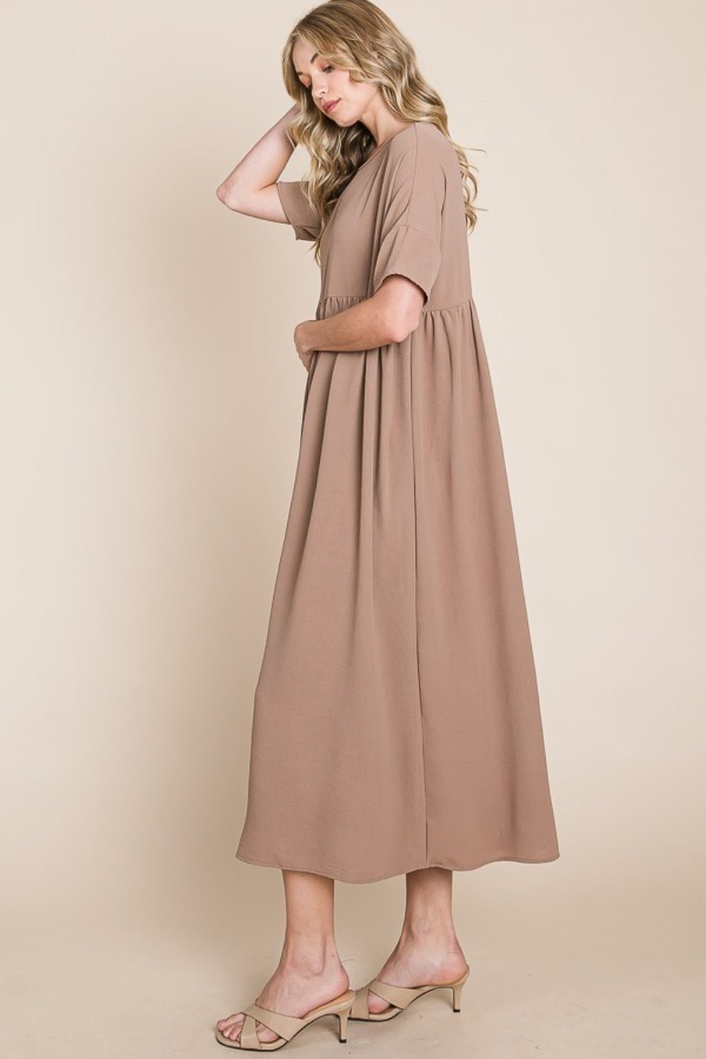 BOMBOM Round Neck Ruched Midi Dress - Happily Ever Atchison Shop Co.