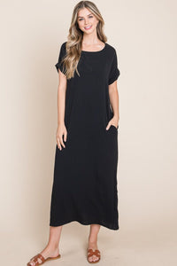 BOMBOM Round Neck Short Sleeve Midi Dress with Pockets - Happily Ever Atchison Shop Co.