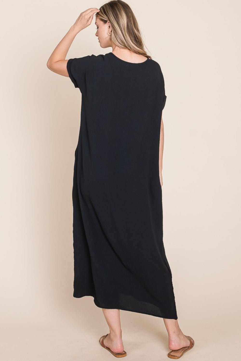 BOMBOM Round Neck Short Sleeve Midi Dress with Pockets - Happily Ever Atchison Shop Co.