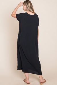 BOMBOM Round Neck Short Sleeve Midi Dress with Pockets - Happily Ever Atchison Shop Co.