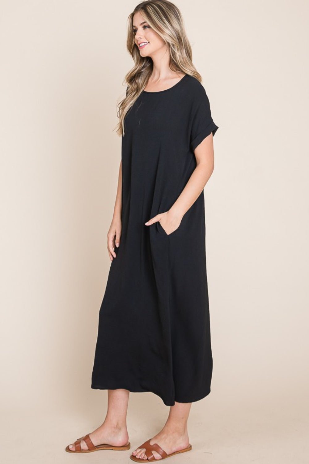 BOMBOM Round Neck Short Sleeve Midi Dress with Pockets - Happily Ever Atchison Shop Co.