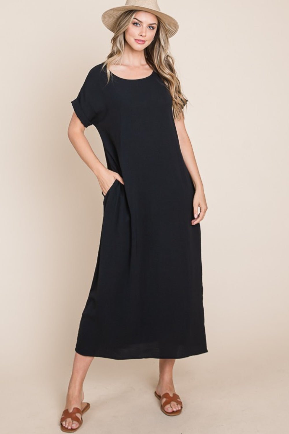 BOMBOM Round Neck Short Sleeve Midi Dress with Pockets - Happily Ever Atchison Shop Co.