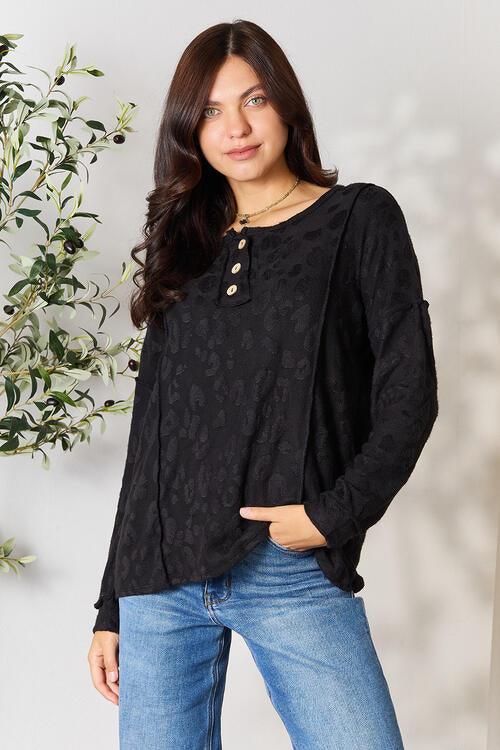 BOMBOM Textured Exposed Seam Buttoned Blouse - Happily Ever Atchison Shop Co.