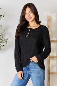 BOMBOM Textured Exposed Seam Buttoned Blouse - Happily Ever Atchison Shop Co.