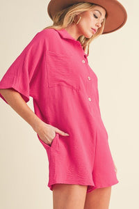 Bright Pink Half Button Collared Loose Romper - Happily Ever Atchison Shop Co.