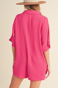 Bright Pink Half Button Collared Loose Romper - Happily Ever Atchison Shop Co.