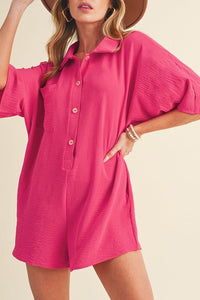 Bright Pink Half Button Collared Loose Romper - Happily Ever Atchison Shop Co.