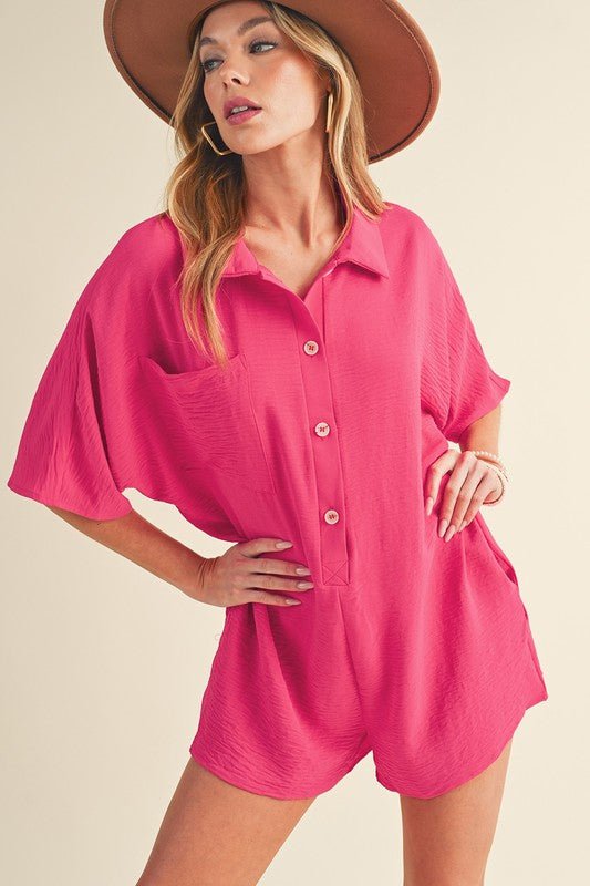 Bright Pink Half Button Collared Loose Romper - Happily Ever Atchison Shop Co.