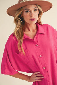 Bright Pink Half Button Collared Loose Romper - Happily Ever Atchison Shop Co.