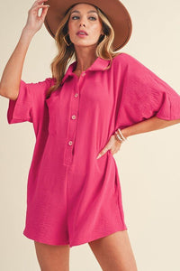 Bright Pink Half Button Collared Loose Romper - Happily Ever Atchison Shop Co.