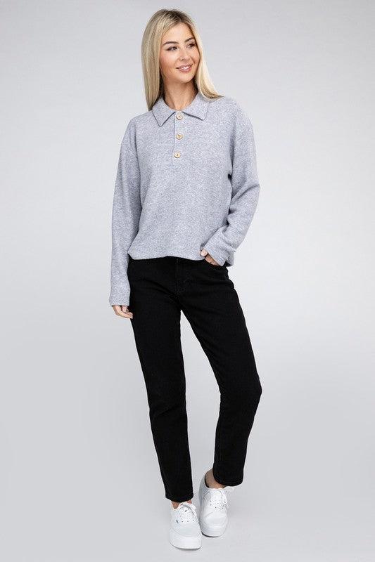 Brushed Melange Hacci Collared Sweater - Happily Ever Atchison Shop Co.