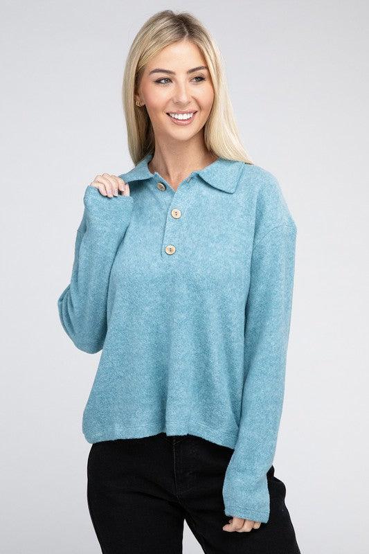 Brushed Melange Hacci Collared Sweater - Happily Ever Atchison Shop Co.