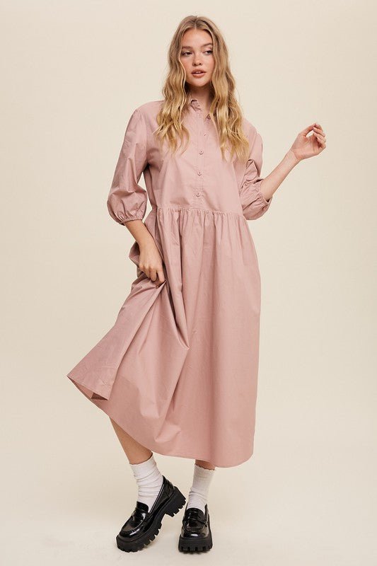 Button Front Puff Sleeve Babydoll Maxi Dress - Happily Ever Atchison Shop Co.