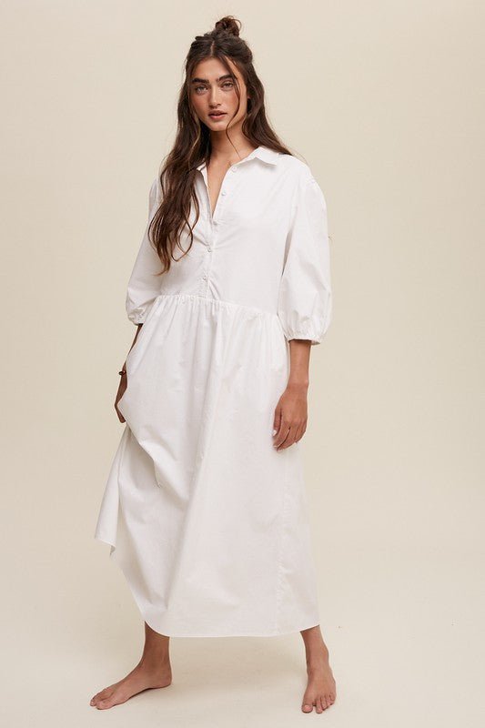 Button Front Puff Sleeve Babydoll Maxi Dress - Happily Ever Atchison Shop Co.