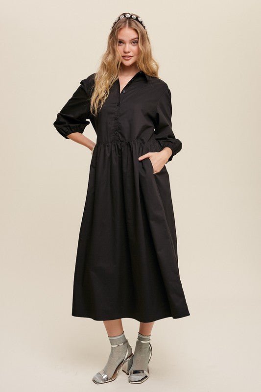 Button Front Puff Sleeve Babydoll Maxi Dress - Happily Ever Atchison Shop Co.