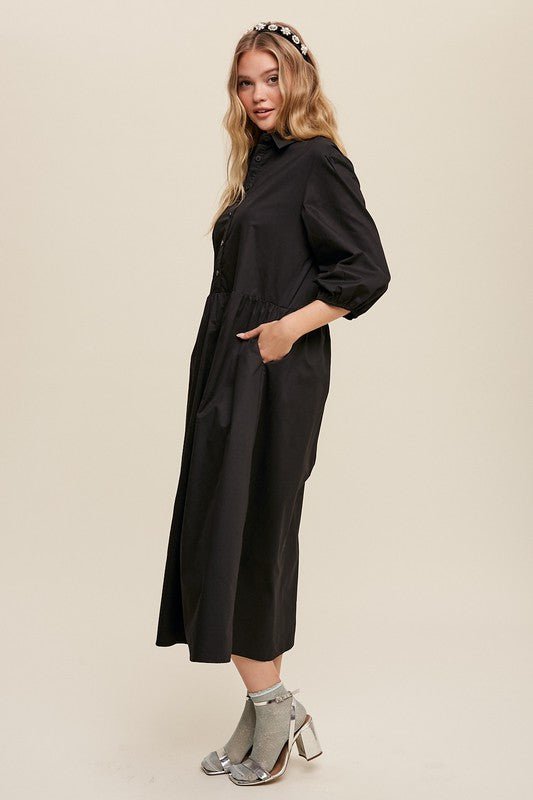 Button Front Puff Sleeve Babydoll Maxi Dress - Happily Ever Atchison Shop Co.