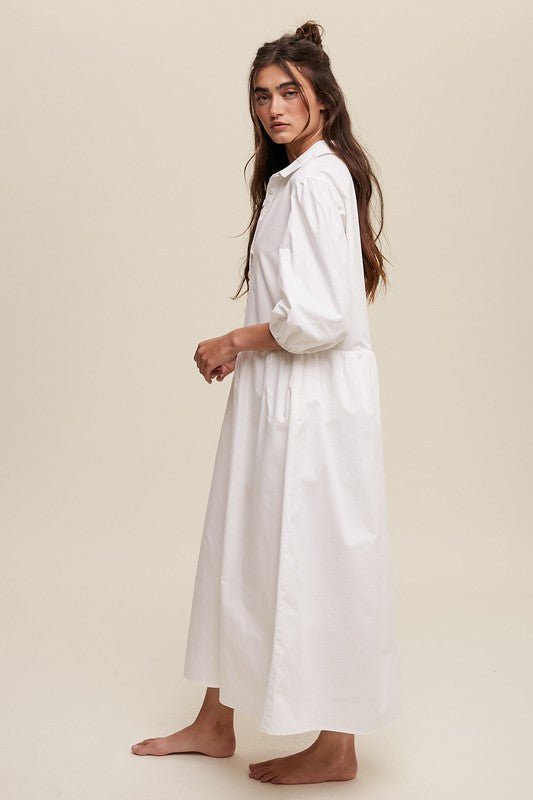 Button Front Puff Sleeve Babydoll Maxi Dress - Happily Ever Atchison Shop Co.