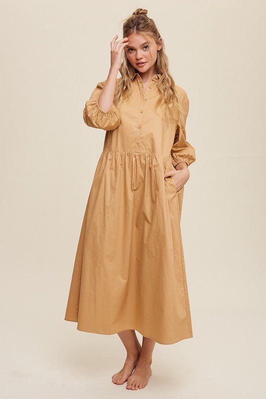 Button Front Puff Sleeve Babydoll Maxi Dress - Happily Ever Atchison Shop Co.