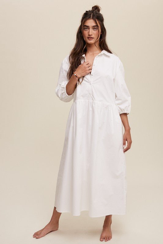 Button Front Puff Sleeve Babydoll Maxi Dress - Happily Ever Atchison Shop Co.