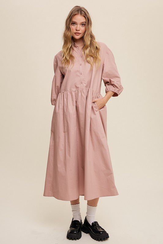 Button Front Puff Sleeve Babydoll Maxi Dress - Happily Ever Atchison Shop Co.