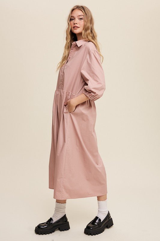 Button Front Puff Sleeve Babydoll Maxi Dress - Happily Ever Atchison Shop Co.