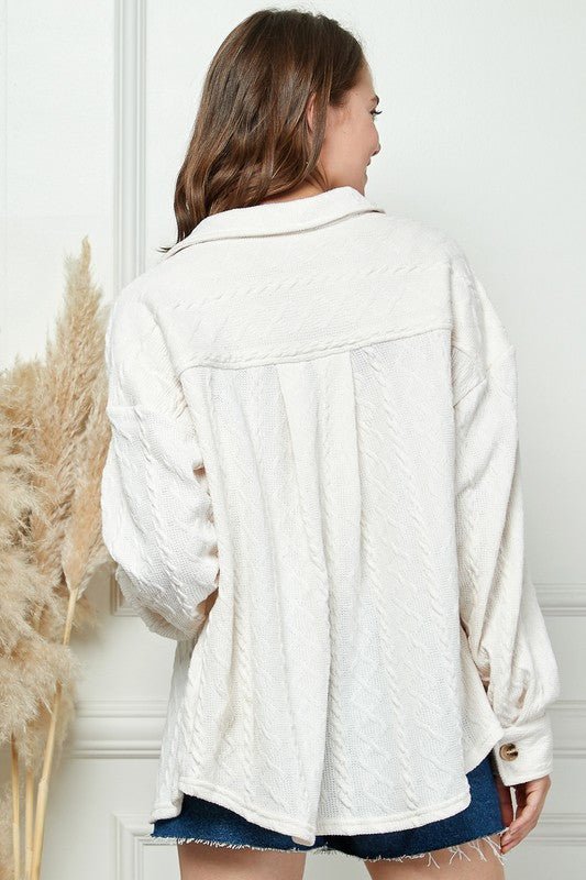 CABLE KNIT BUTTON DOWN SHACKET - Happily Ever Atchison Shop Co.