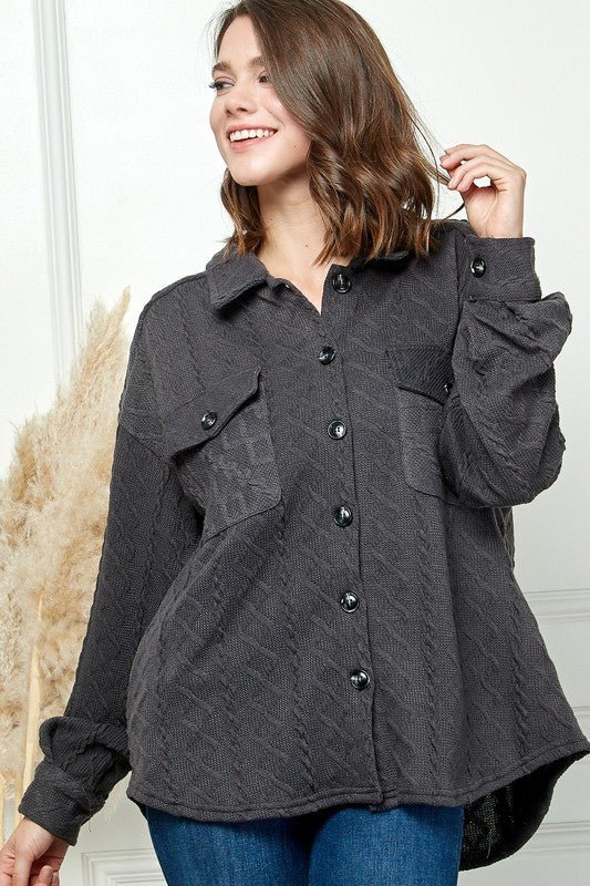 CABLE KNIT BUTTON DOWN SHACKET - Happily Ever Atchison Shop Co.