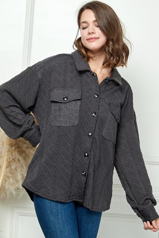 CABLE KNIT BUTTON DOWN SHACKET - Happily Ever Atchison Shop Co.