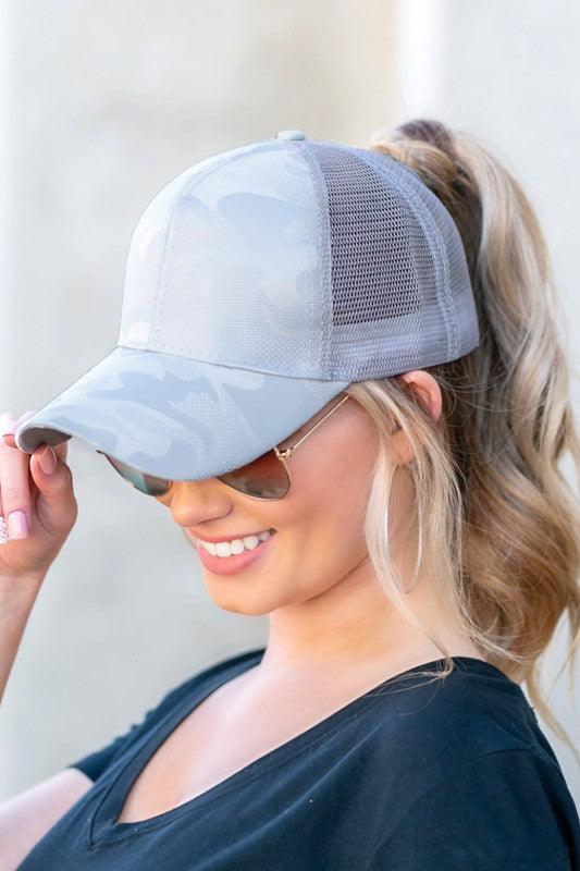 Camo Messy Bun Cap - Happily Ever Atchison Shop Co.