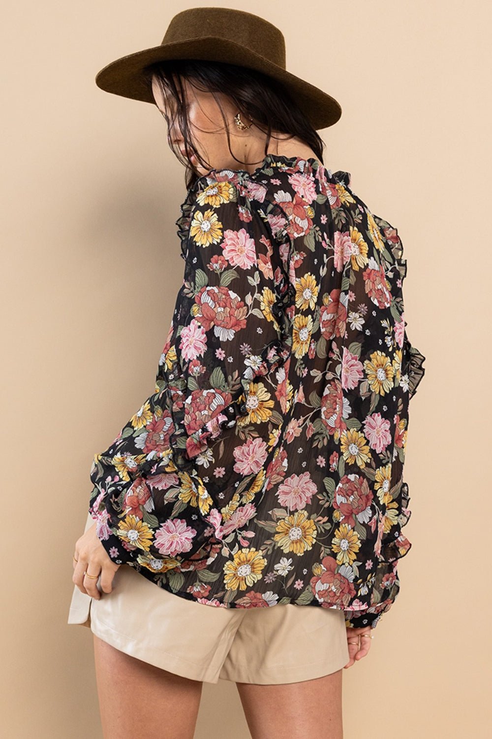 Ces Femme Ruffle Trim Long Sleeve Floral Blouse - Happily Ever Atchison Shop Co.