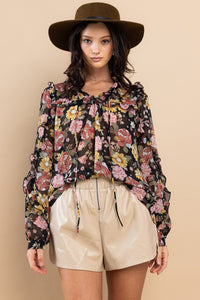 Ces Femme Ruffle Trim Long Sleeve Floral Blouse - Happily Ever Atchison Shop Co.