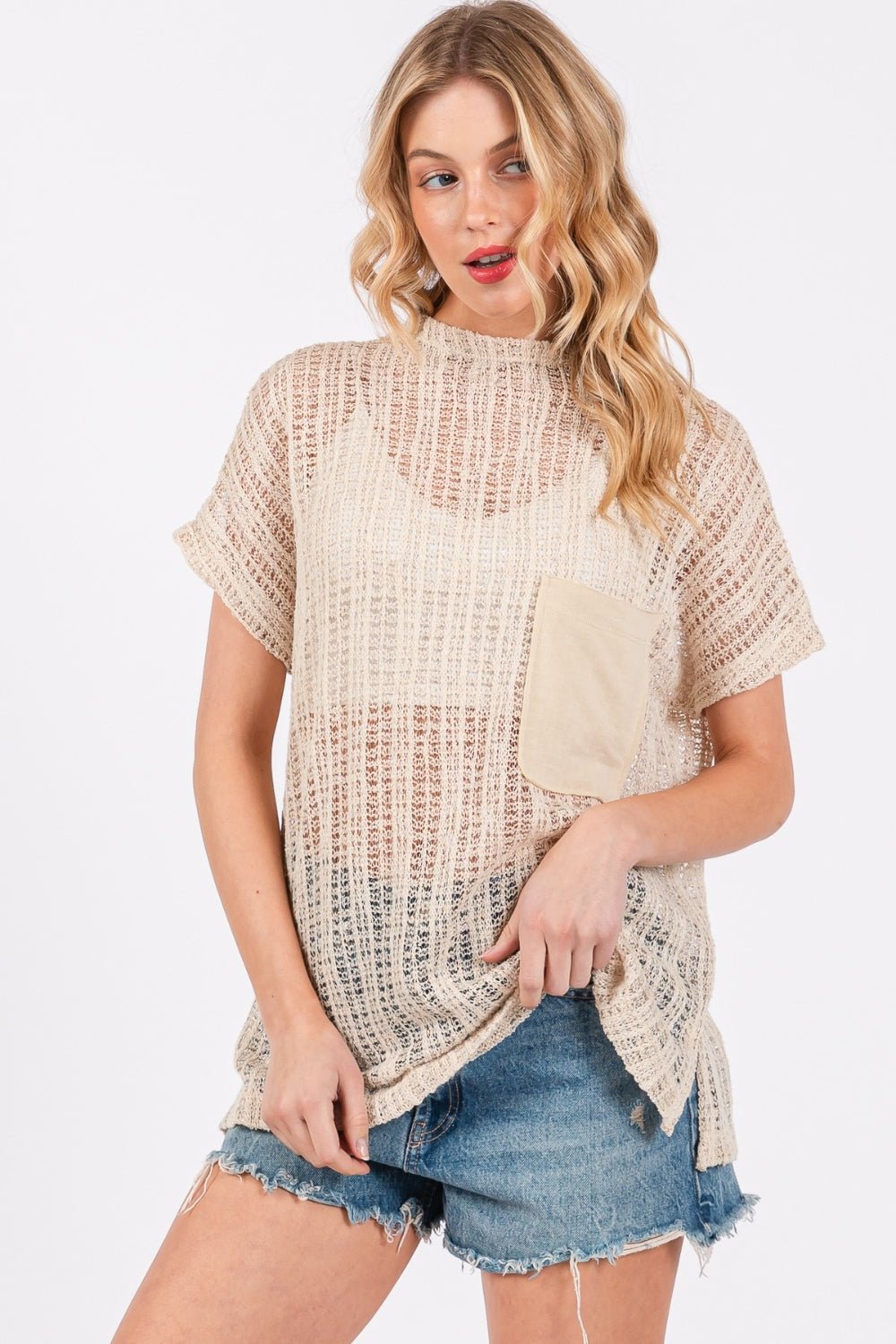 Ces Femme See Through Crochet Mock Neck Cover Up - Happily Ever Atchison Shop Co.