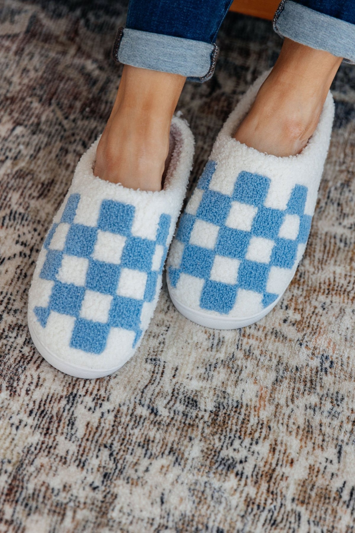 Checked Out Slippers in Blue - Happily Ever Atchison Shop Co.