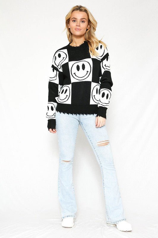 Checkered Smiley Sweater - Happily Ever Atchison Shop Co.