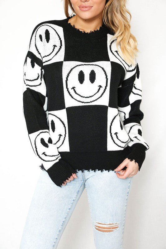 Checkered Smiley Sweater - Happily Ever Atchison Shop Co.