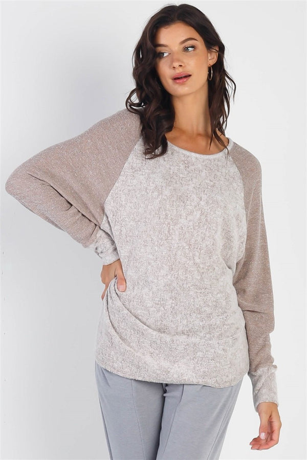 Cherish Apparel Round Neck Long Sleeve Contrast Top - Happily Ever Atchison Shop Co.