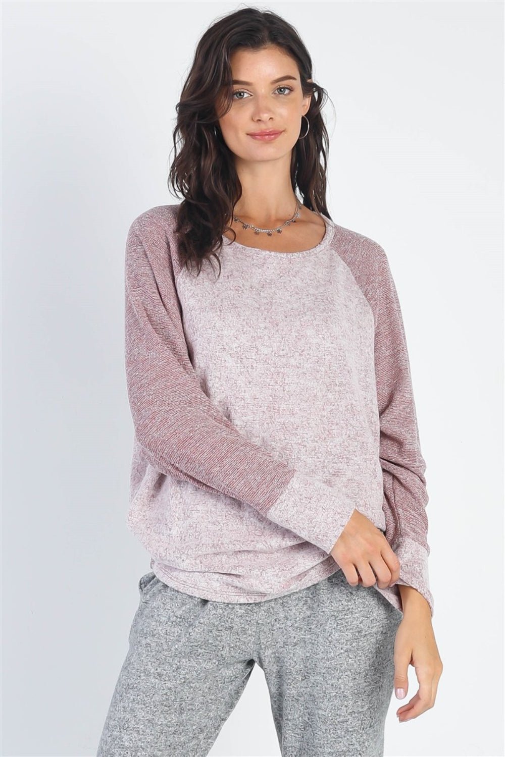 Cherish Apparel Round Neck Long Sleeve Contrast Top - Happily Ever Atchison Shop Co.